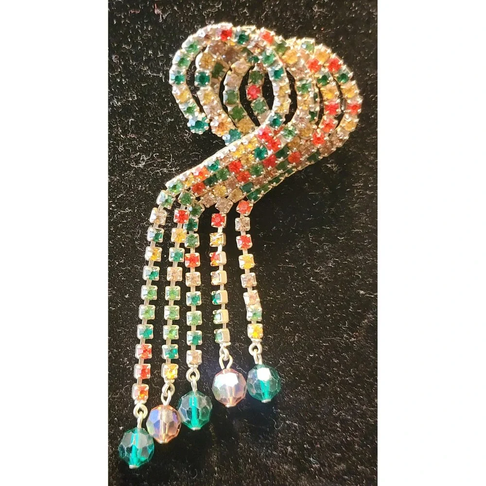 Vintage Multi Color Rhinestone Waterfall Fringe Brooch Gold Tone Crystal Dangle